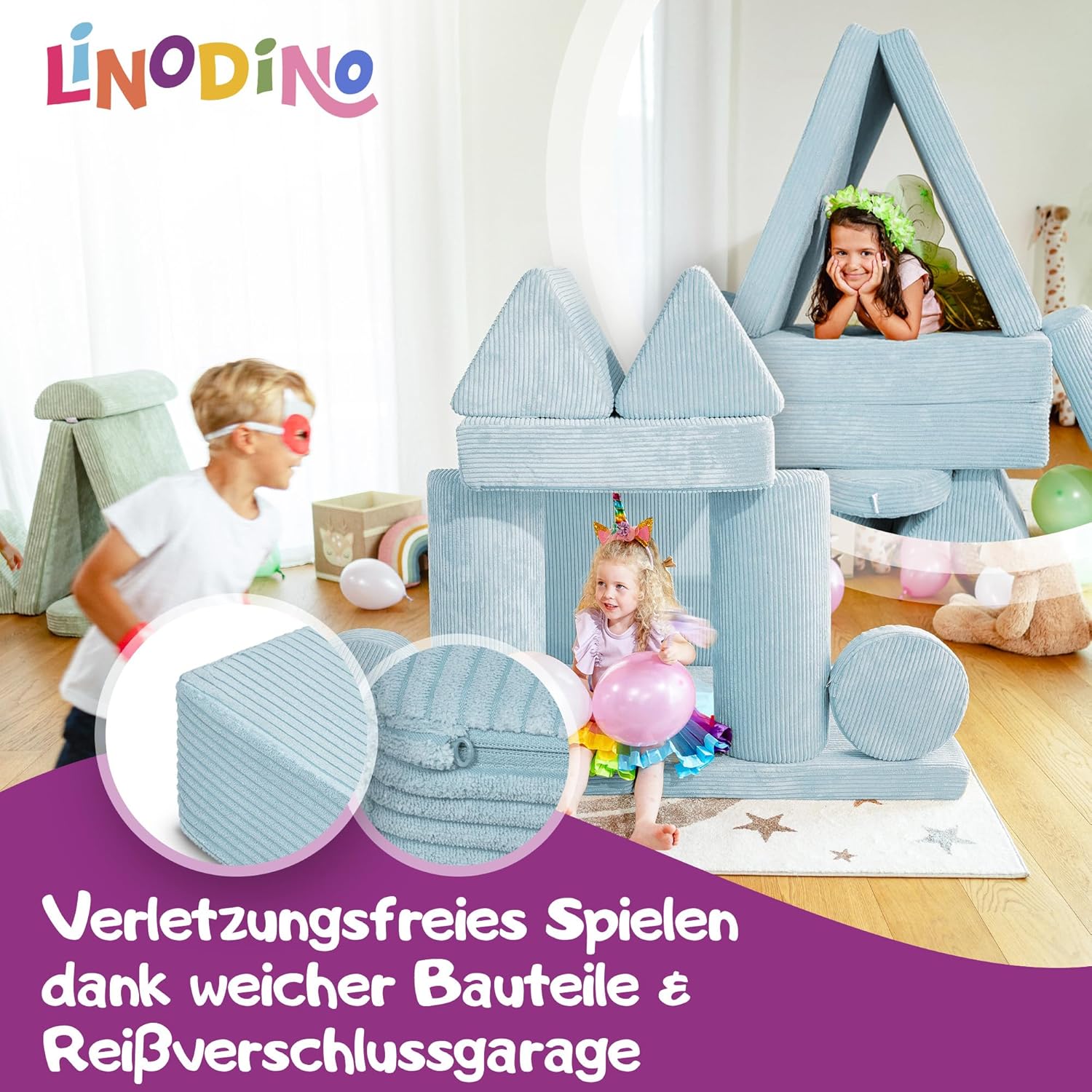 Linodino® Spielsofa Cord Fantasiewelt, Kindersofa-Bausteine - Stapelsteine für Kinder - Kindercouch, Sofa-Kuschelecke | Schaumstoff-Softbausteine | Oeko-TEX 100 Zertifiziert | Einhornblau