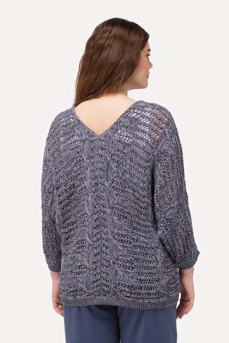 Pullover, Ajourmuster, V-Ausschnitt, 3/4-Arm, Biobaumwolle