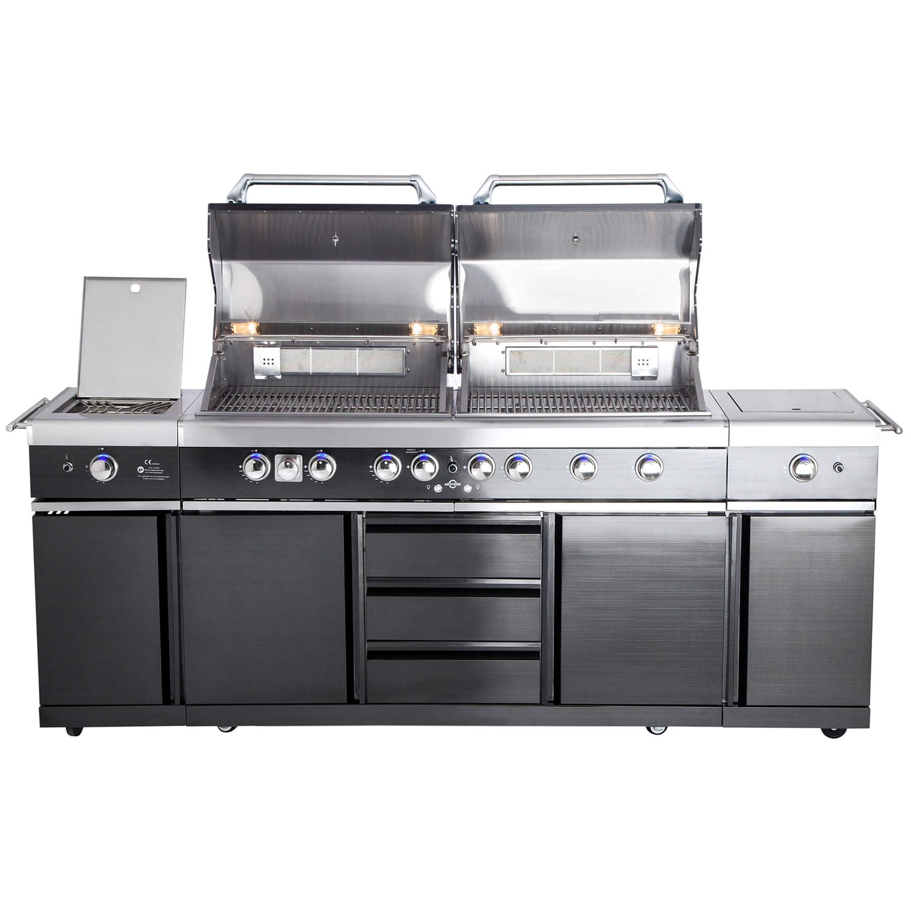 Voll-Edelstahl Außenküche ALL'GRILL EXTREM BLACK-Line Steakzone® mit 34,7 kW Leistung, 6-flammig, inkl. Seitenkocher und Air System