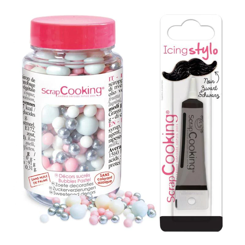 Décors sucrés boules pastel 70 g + Stylo de glaçage noir Scrapcooking