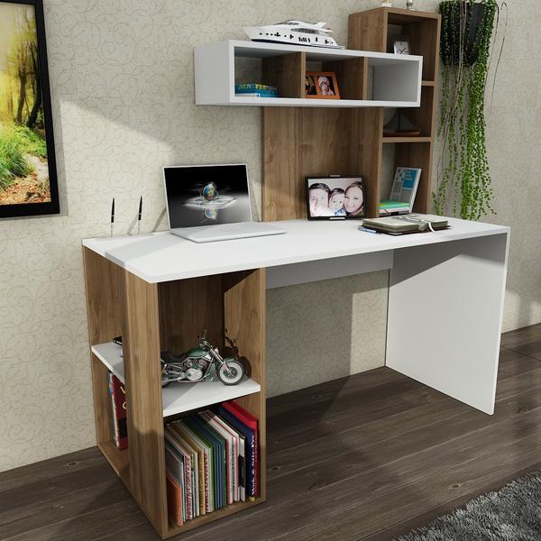 Schreibtisch - weiß-Walnuss - mit Regal - 140 cm breit