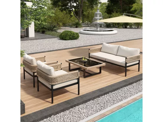 Salon de jardin modulable en Acier galvanisé et décoré de corde - 4 places - 1 canapé、2 fauteuils et 1 table basse - Beige