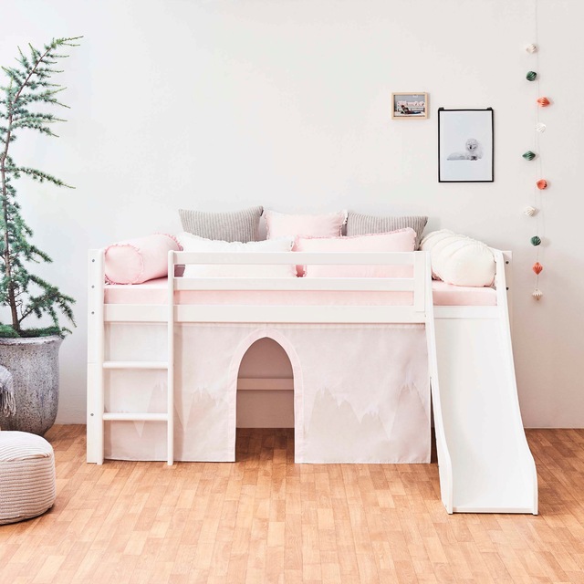 Hoppekids Hochbett »«Winter Wonderland»« Set, 4 Stk. tlg. 90x200 mit Rutsche, Vorhang & Matratze
