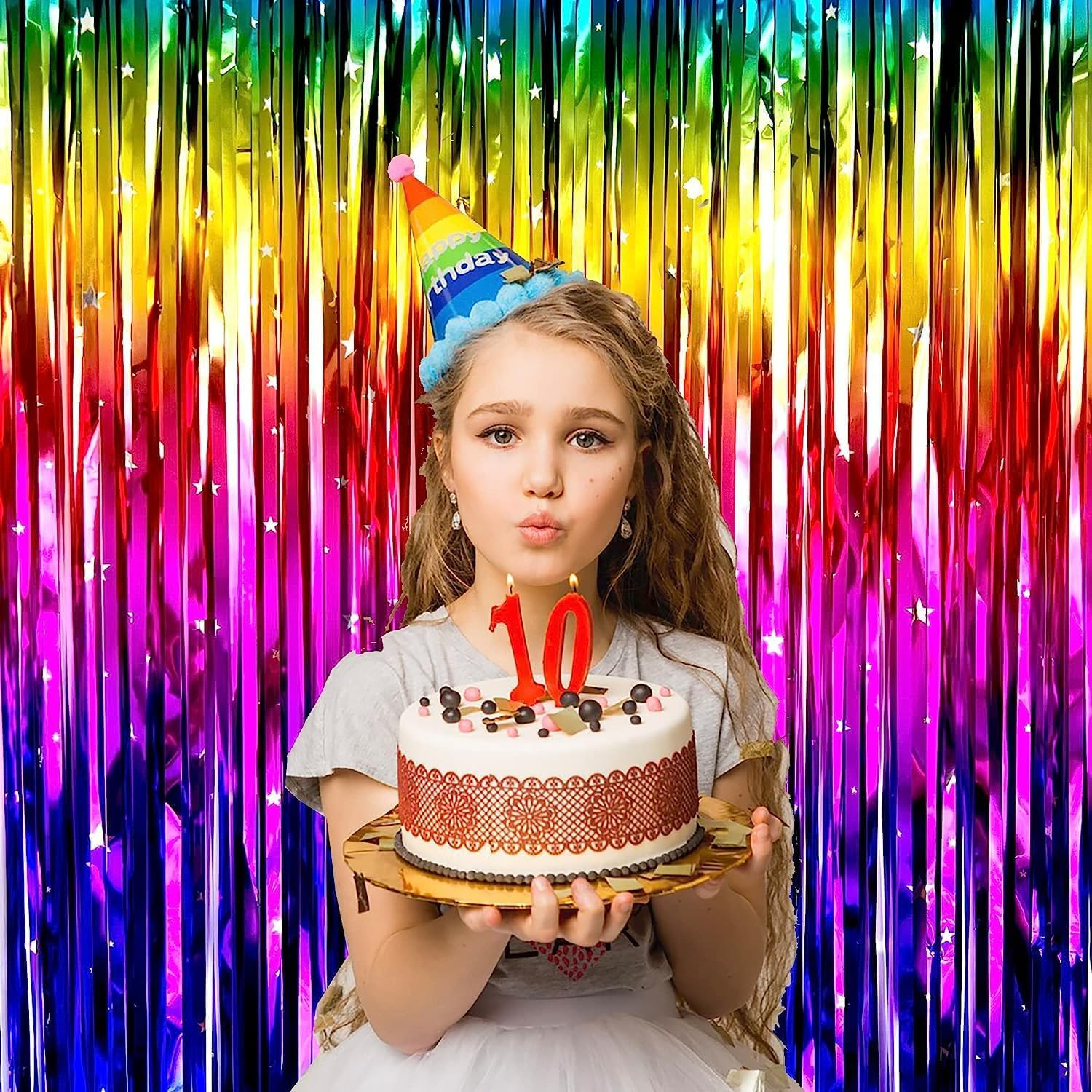 (4er Set) 2x1m Party Deko Lametta Glänzender Fransen Vorhang Dekoration Foto Hintergrund im Stern Design - Regenbogen