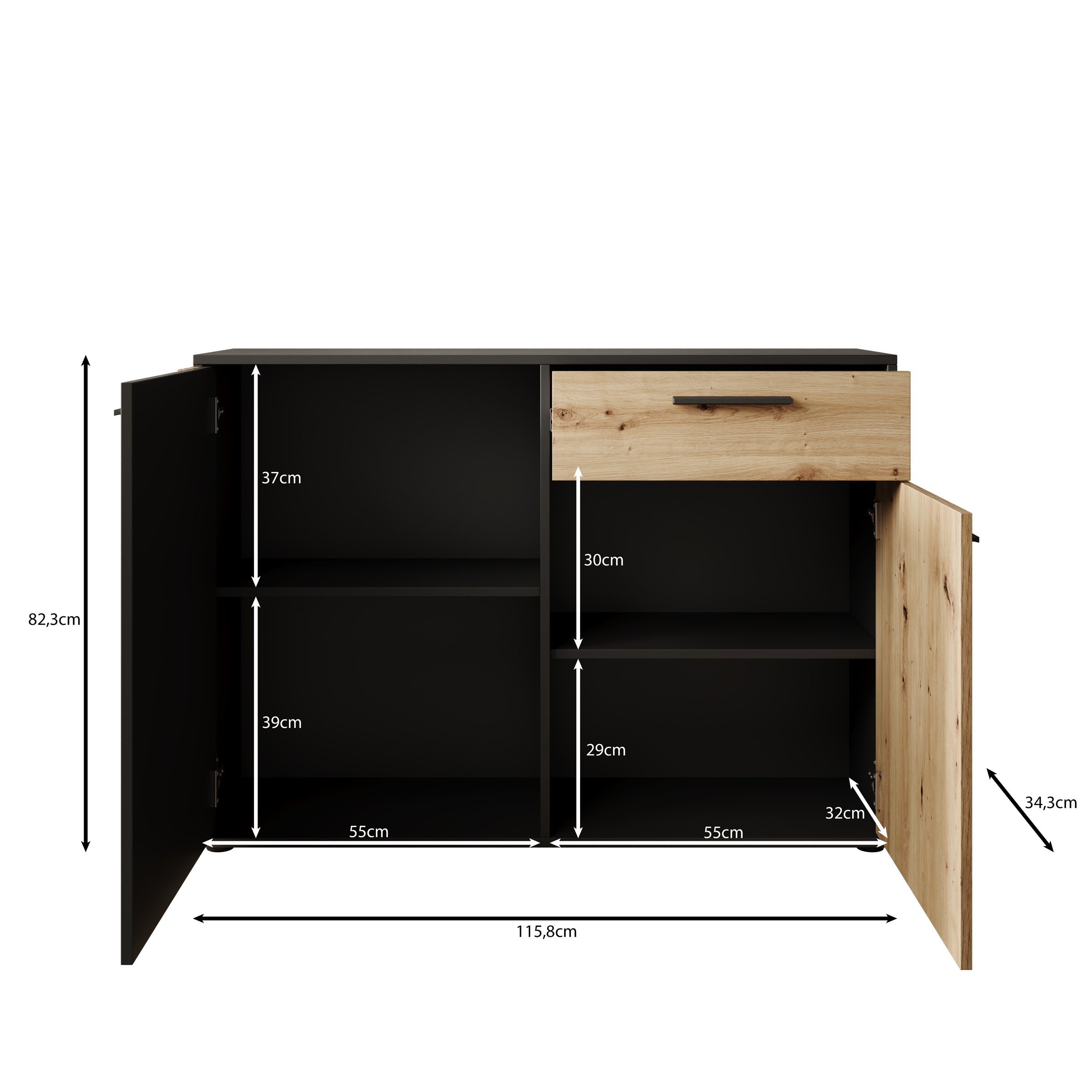 Meubella - Clover - Dressoir - Eiken|Zwart - 116x34x82 cm
