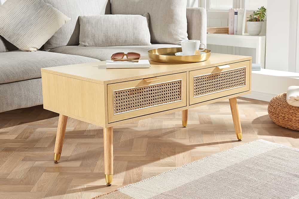 Retro Design Couchtisch VIENNA 100cm natur Wiener Geflecht