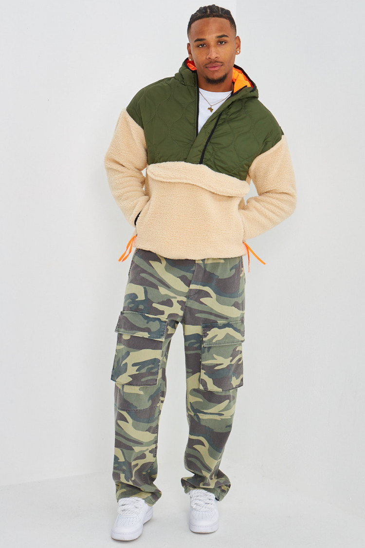 Sweat bi-matière en peau de moutons kaki/beige