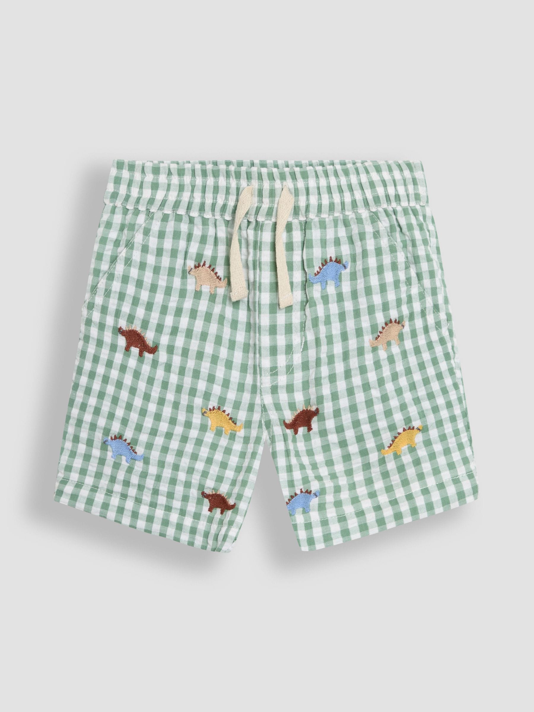 Jojo Maman Bébé - Korte broek met dinosaurusborduursel en ginghamruitje