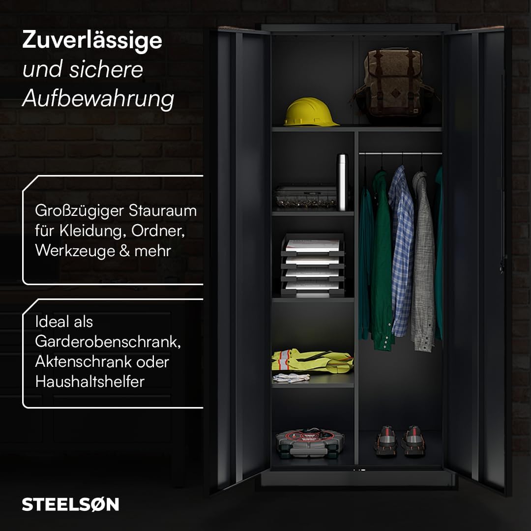 STEELSØN Regulus Metallschrank abschließbar – Garderobenschrank mit 6 Fächern und 1 Kleiderstange – Spind Schrank mit Doppeltüren – Mehrzweckschrank Schwarz – Kleiderschrank Metall 175x40x80 cm