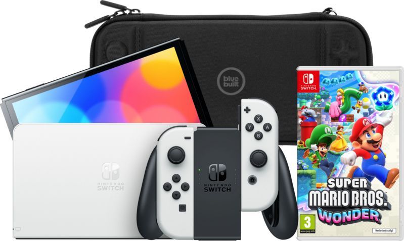 Nintendo Switch OLED Wit + Super Mario Bros. Wonder + BlueBuilt Beschermhoes
