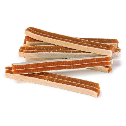 Petiscos em tiras com sabor de frango e peixe para cães.