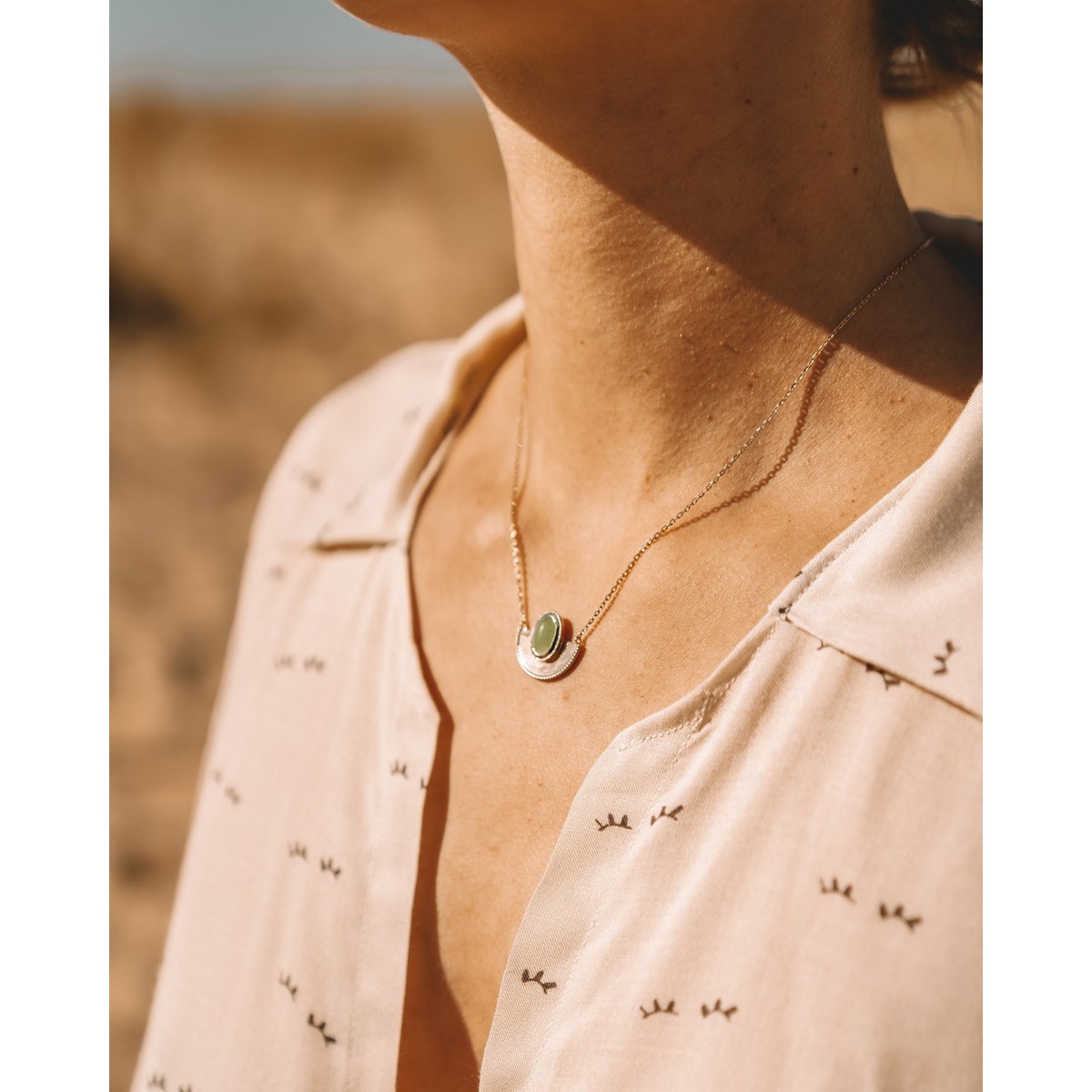 Collier Fin Plaqué Or Pendentif Pierre Precieuse Aventurine