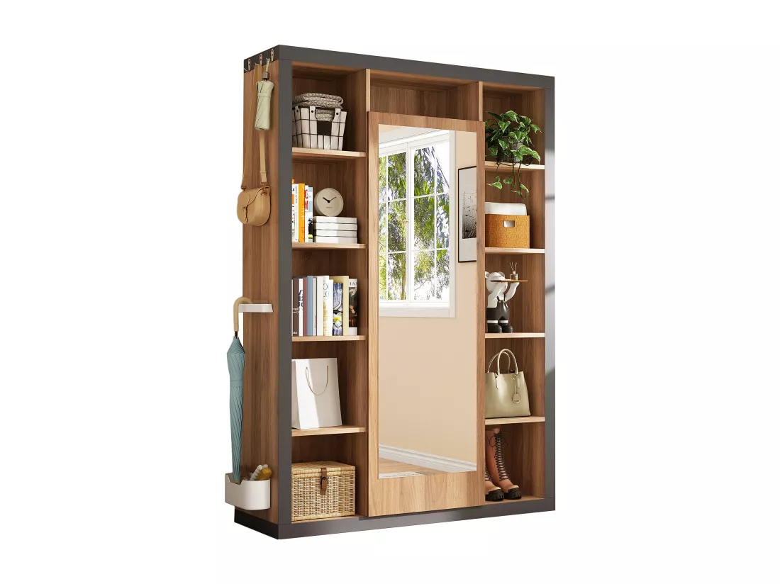 Vestiaire multifonctionnelle - avec miroir + crochets + 11 comaprtiments ouverts - Naturel