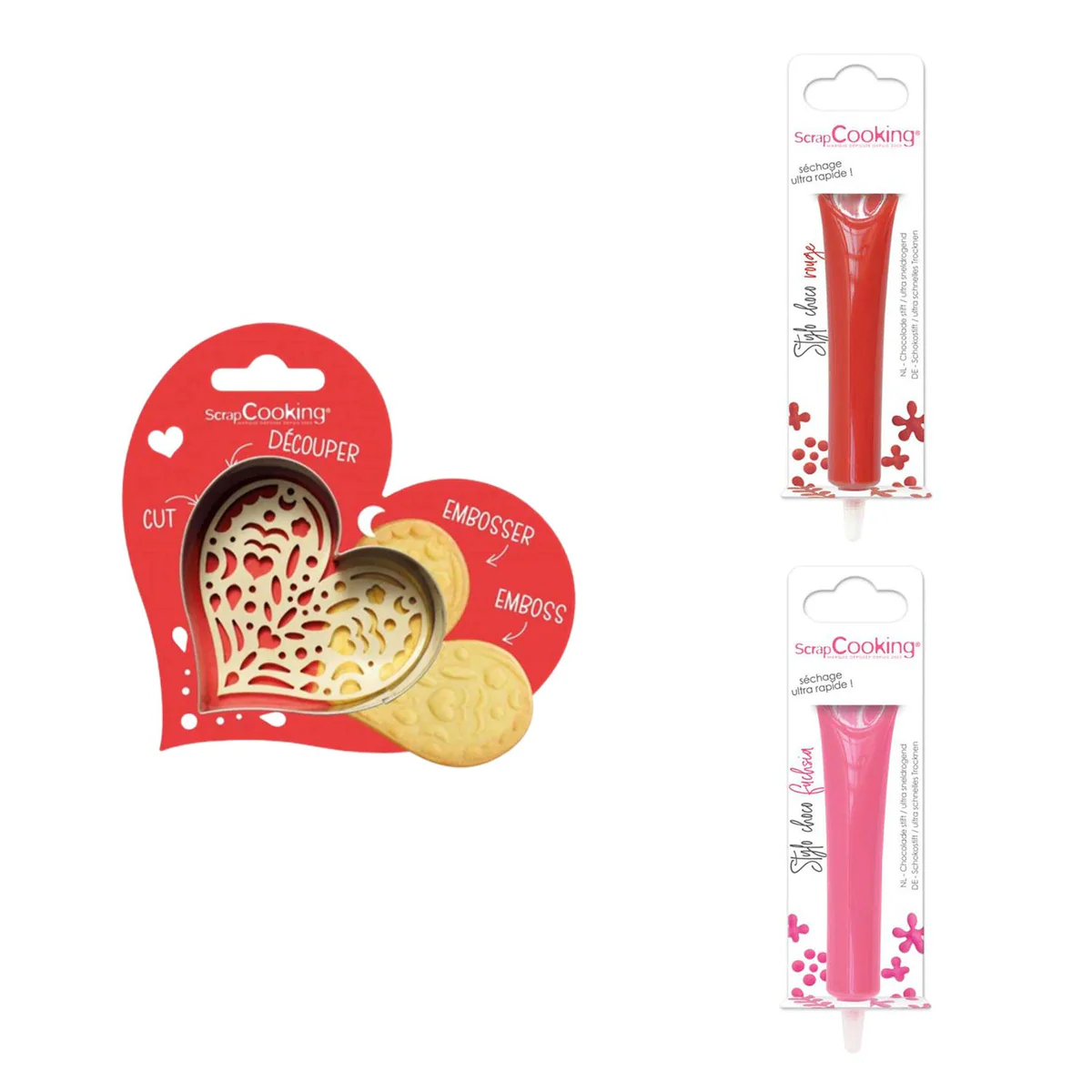 Kit pour biscuit en relief Coeur + 2 Stylos au chocolat rouge et fuchs