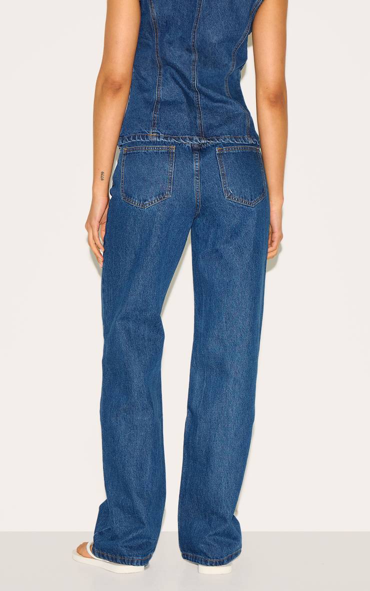 Bleu Foncé Jean Droit Taille Mi-haute