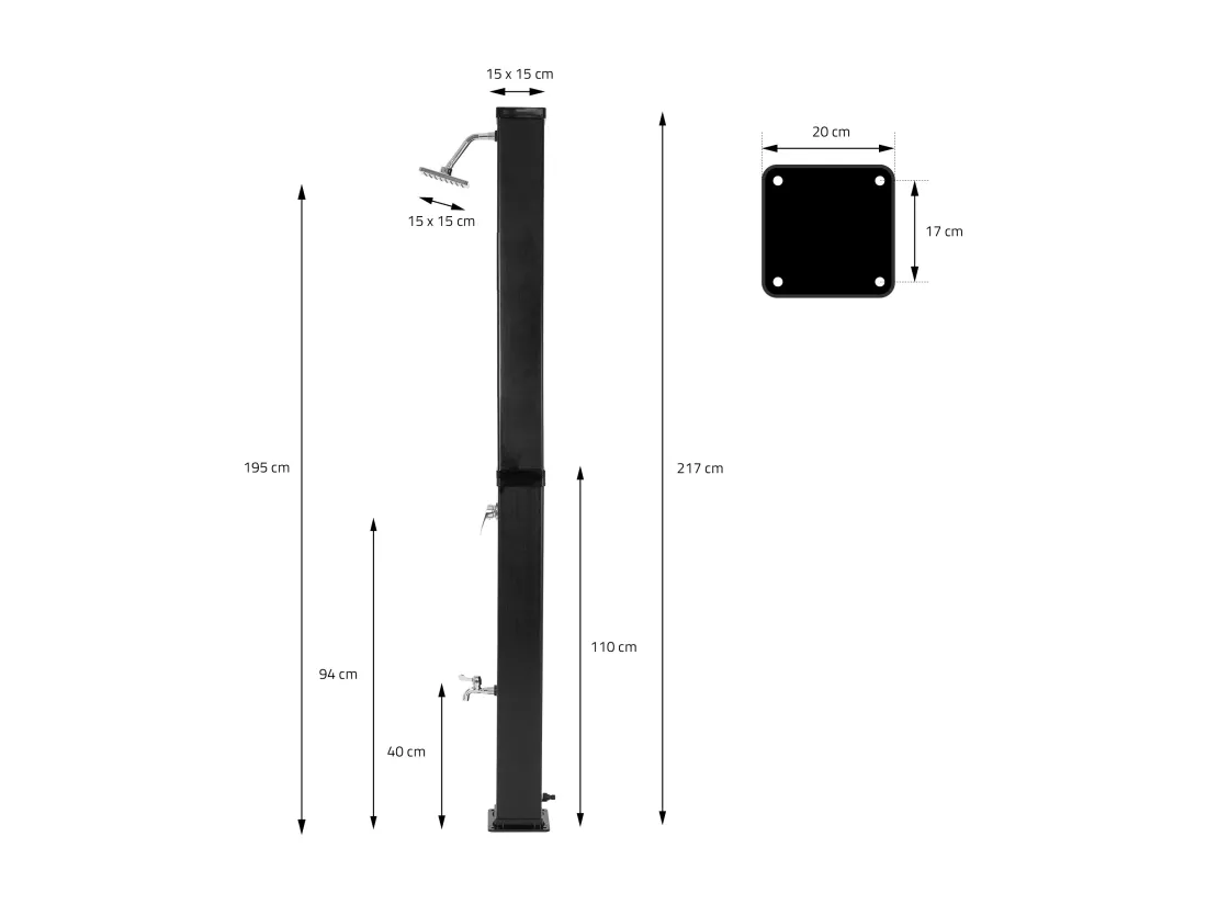 Douche solaire d'extérieur + douche à pied et pomme de douche noir/argent 40 L