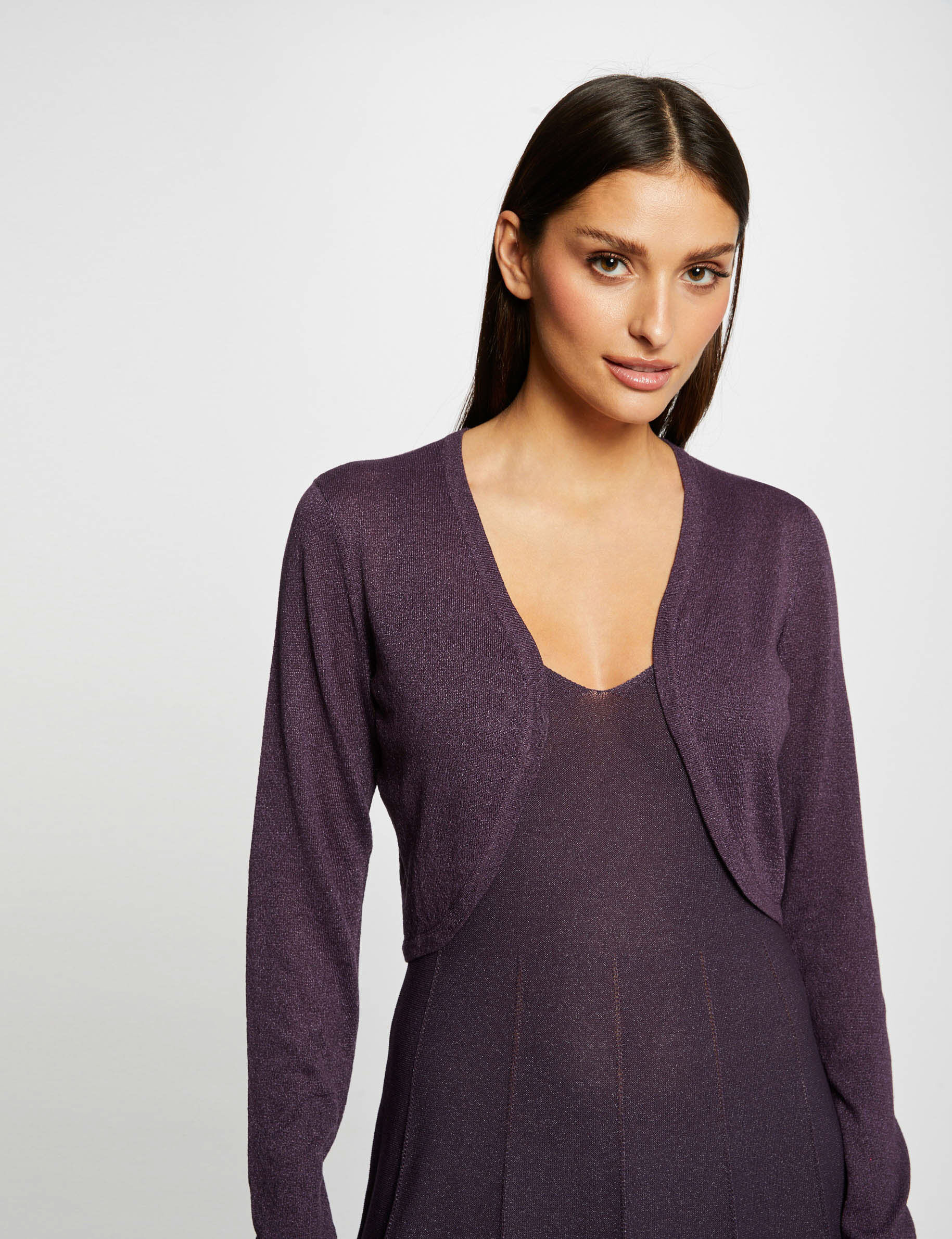 Gilet manches longues col ouvert prune femme - prune