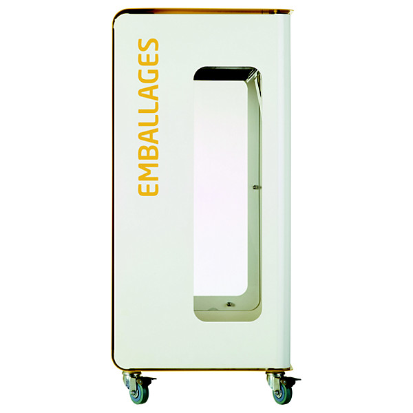 Borne de tri sélectif 90 L support-sac vigi avec roulettes sans serrure - cubatri - blanc+jaune colza - emballages - ouverture 170x170mm