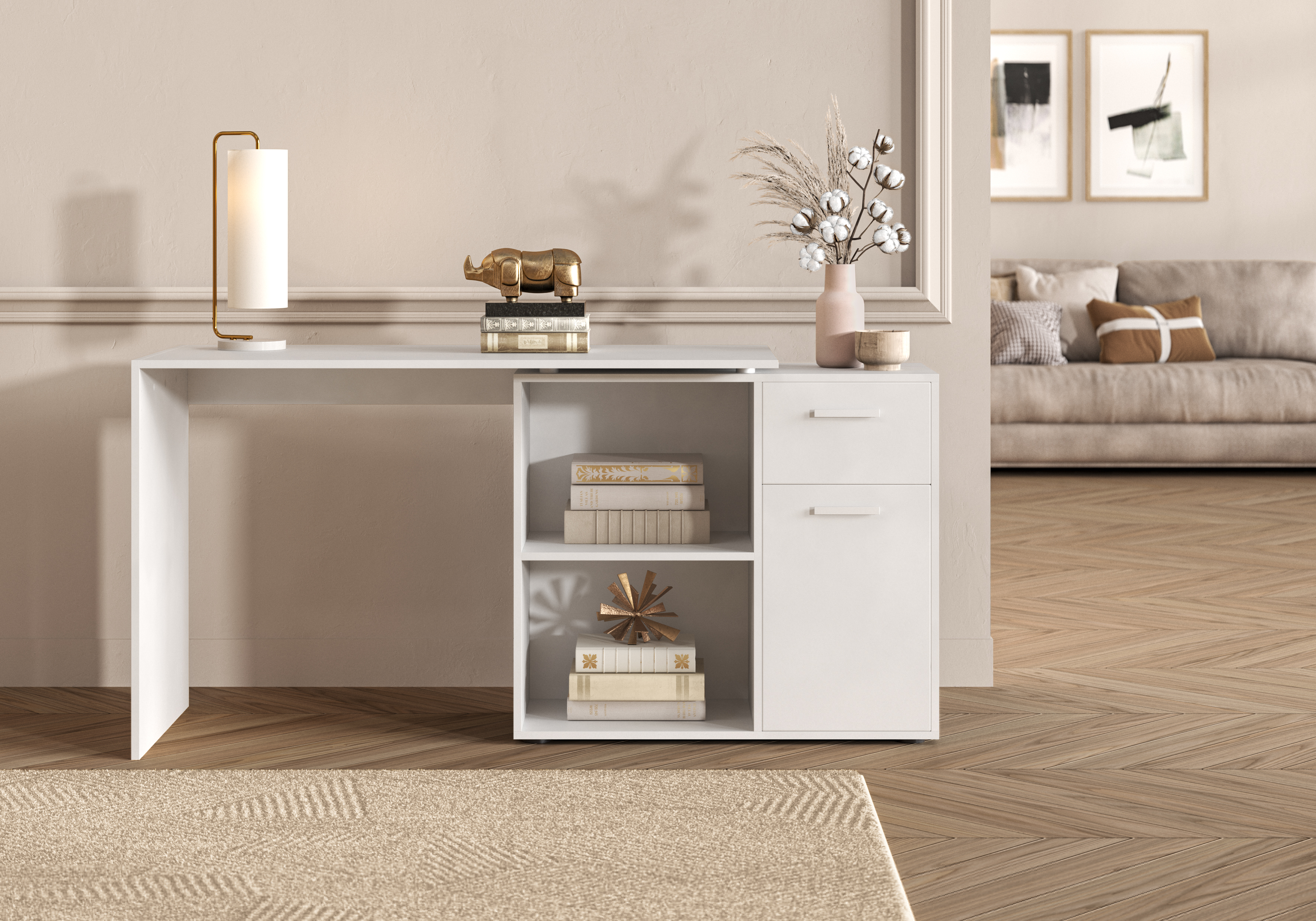 FMD Eckschreibtisch »AUGSBURG« Schreibtisch/ Sideboard m. Stauraum, beids. montierb., 117 oder 148 cm