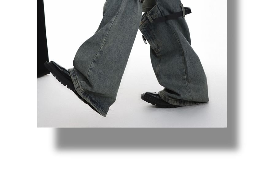 Kooklay - Mid Rise Washed Belted Cutout Wide Leg Jeans