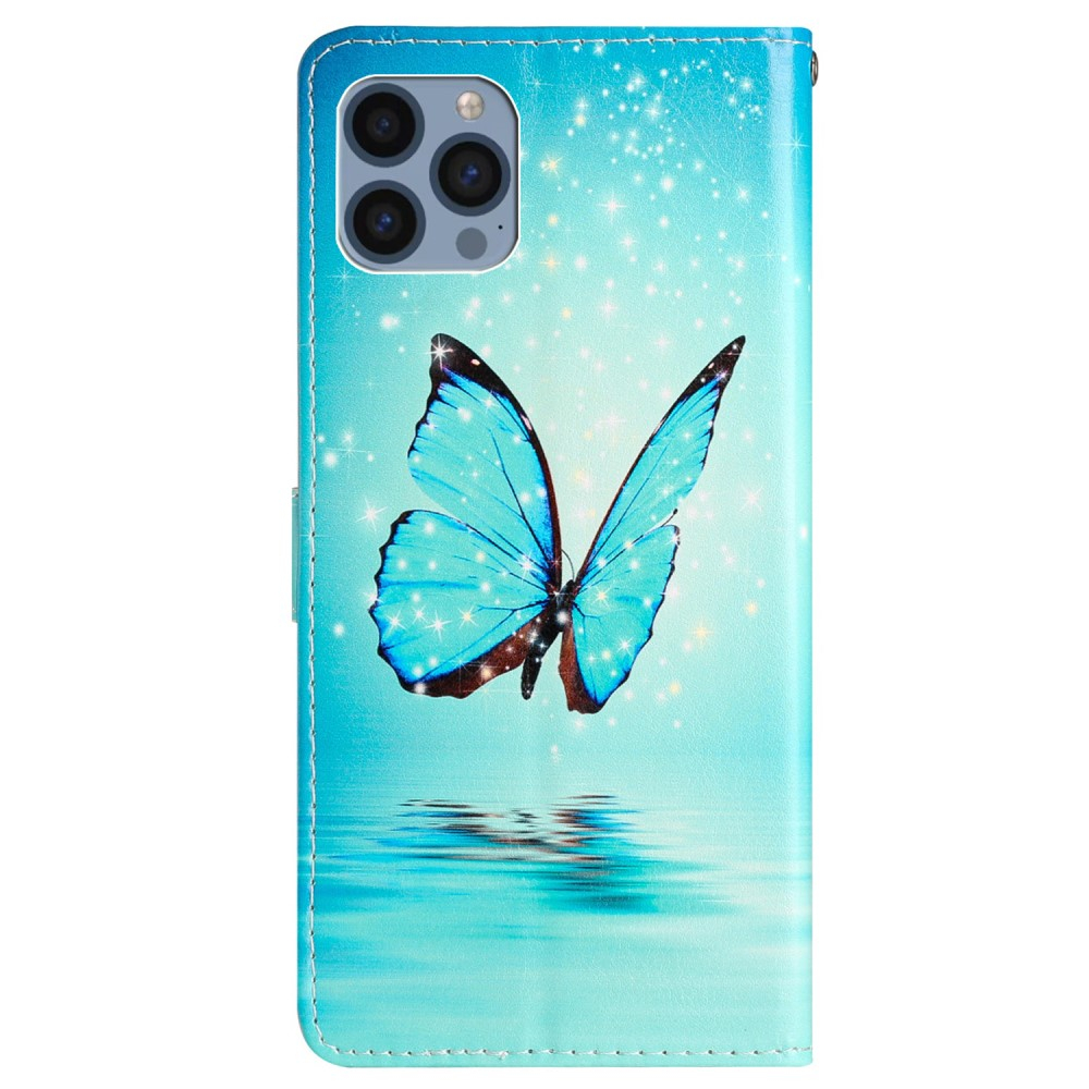 iPhone 15 Pro Leder Tasche mit Kartenfächern - Schmetterlinge (Blau)