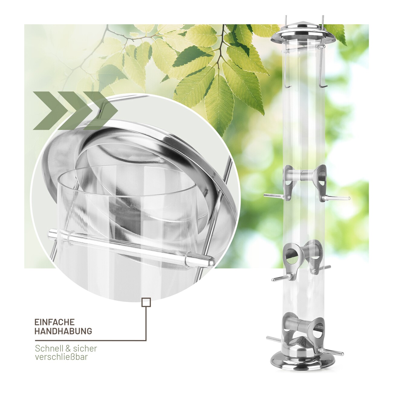 wildtier liebe Futtersäule für Samen, Körner & Kerne 52cm, Silber