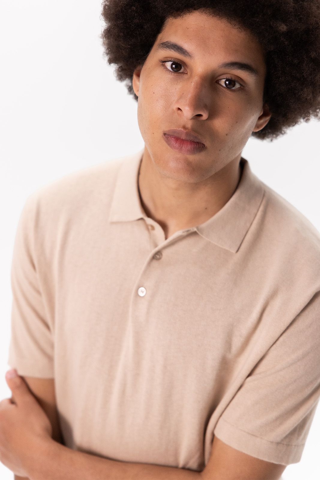 Beige gebreide polo van kasjmier mix
