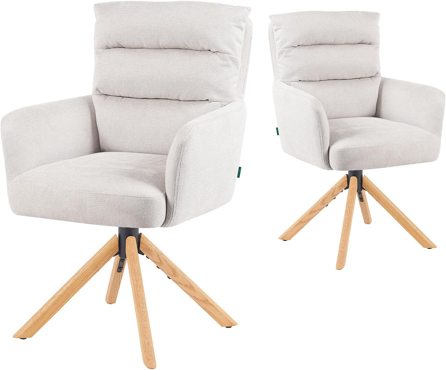 DUBI Möbel Esszimmerstühle 2er Set 360° drehbar mit Rückstellfunktion, Taschenfederkern, hoher Sitzkomfort, bis 150 kg belastbar, Stoff Creme, Eiche Massivholzgestell geölt (Natur), Mika-Jule