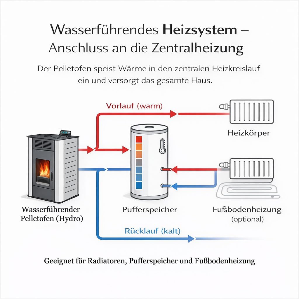 NEMAXX® P18 Wasserführender Hydro-Pelletofen 18 kW bis 300 m³ – BAFA/förderfähig–Zentralheizung – A+ 40 kg Tank – Wasser 12,5 kW – bis 18 Std. Laufzeit – ECO, Automatik, Wochentimer, Wi-Fi Ready – Rot