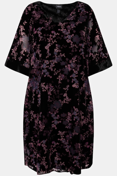 Samtkleid, A-Linie, V-Ausschnitt, 3/4-Arm, Midikleid