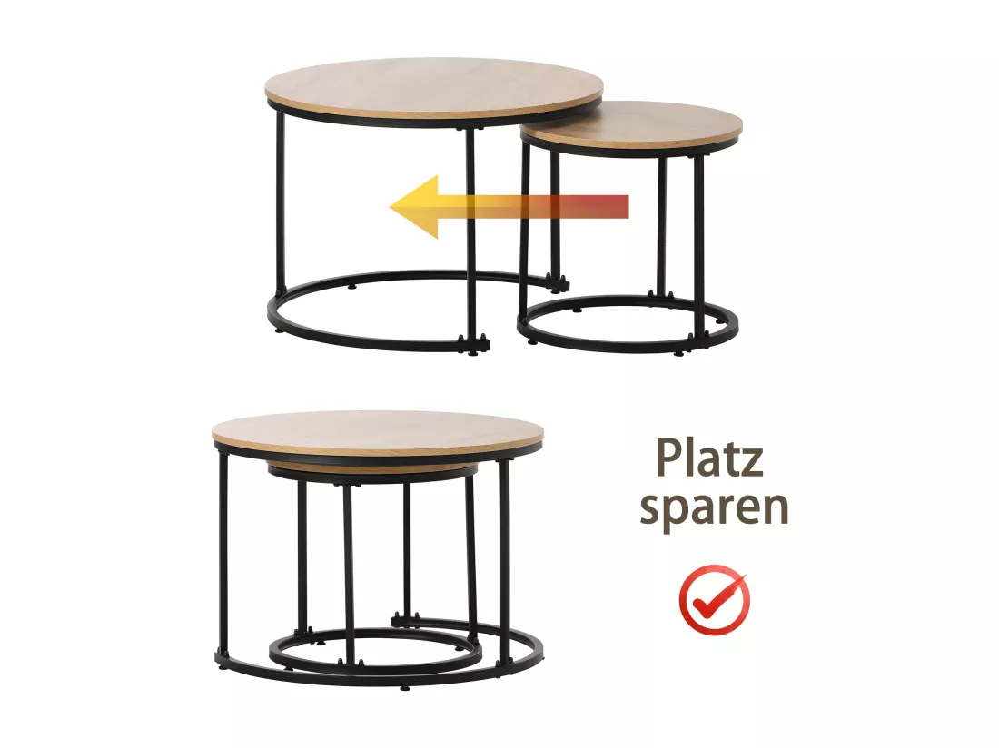 Lot de 2 tables basses gigognes, table d'appoint - bois MDF et pièds en métal - coloris chêne