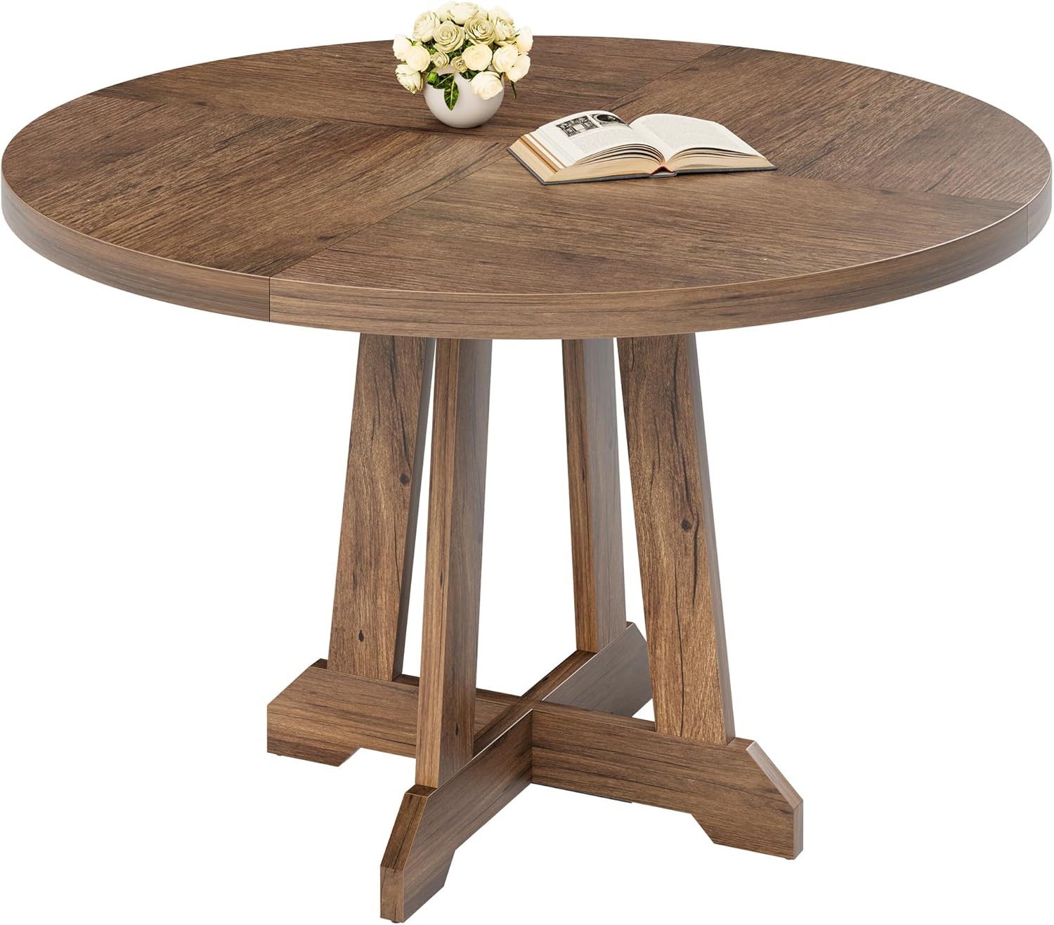 Runder Esstisch für 4–6 Personen, Ø122 cm Küchentisch im Bauernhaus Stil, Esszimmertisch mit Stabilem Kreuzförmige Holzsockel für Esszimmer, Küche, Homeoffice, Eiche, 122x122x76cm, Nur Tisch