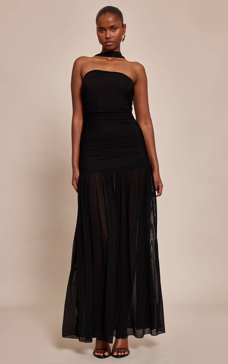 Noir Robe Maxi Taille Basse Avec Détail Écharpe Froncée