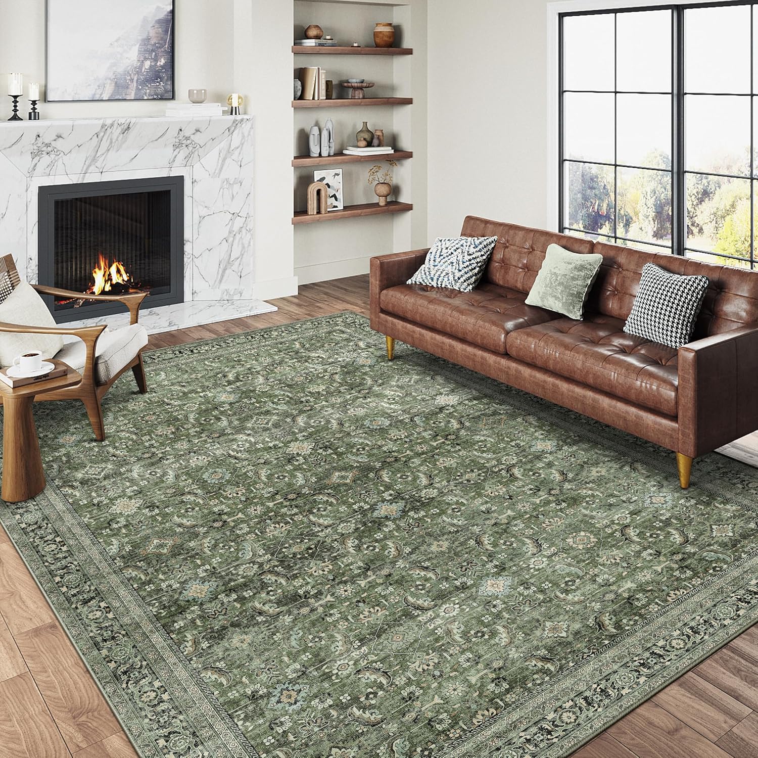 Vintage Grün Waschbarer Teppich Wohnzimmer 200x300cm Retro Rugs for Living Room Weich rutschfest Groß Tepich Kurzflor Schlafzimmer Carpet Living Room Bedroom Esszimmer Teppiche Büro