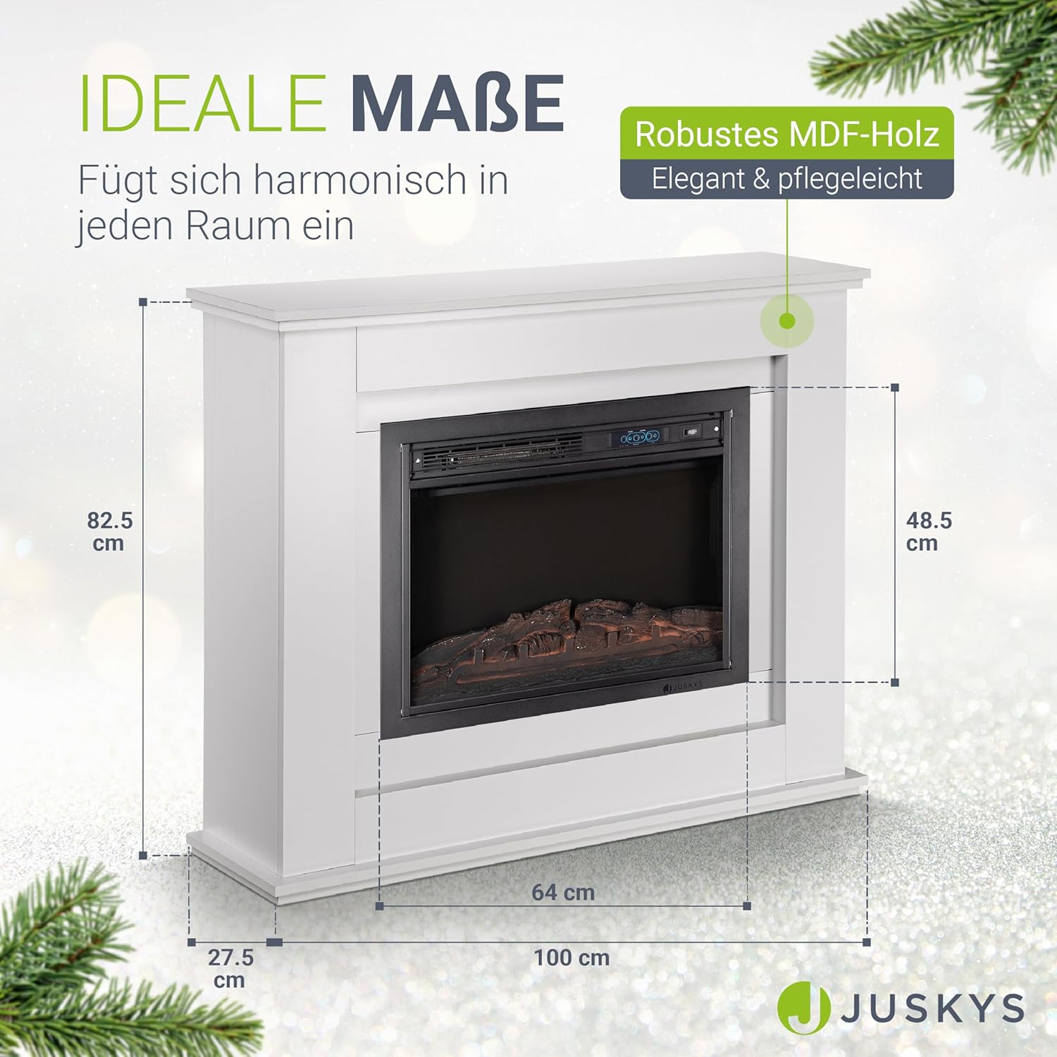 Juskys Elektrokamin 1000/2000 W mit Heizung, Kaminfeuer, Flammeneffekt, Fernbedienung, LED Beleuchtung & Timer - Elektrischer Kamin Standkamin weiß