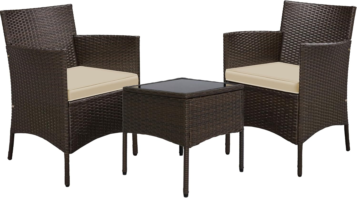 Yaheetech Balkonmöbel Set, Gartenmöbel-Set 3 TLG. inkl. 2 Stühle mit Sitzkissen & Tisch, Terrassenmöbelset Gartensitzgruppe Lounge Set aus PE-Polyrattan für Balkon Terrasse, Braun-Khaki