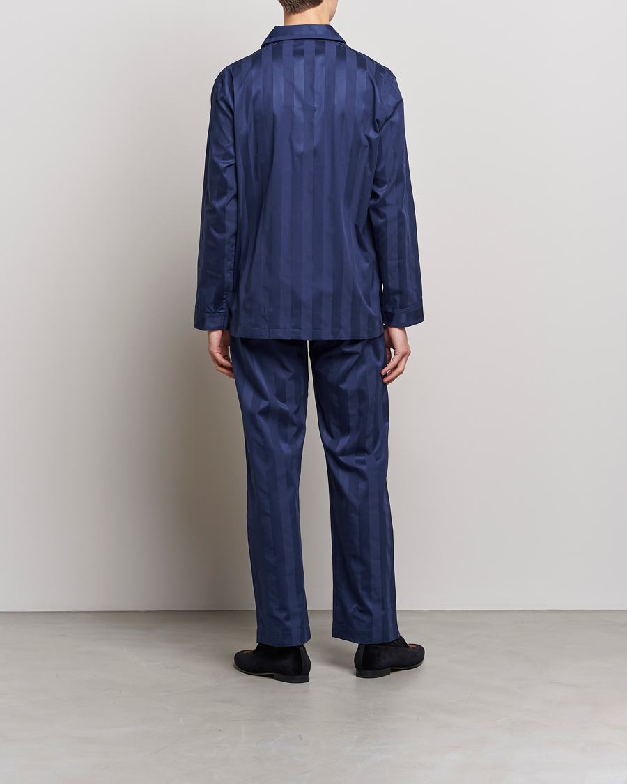 Derek Rose Striped Cotton Satin Pyjama Set Navy