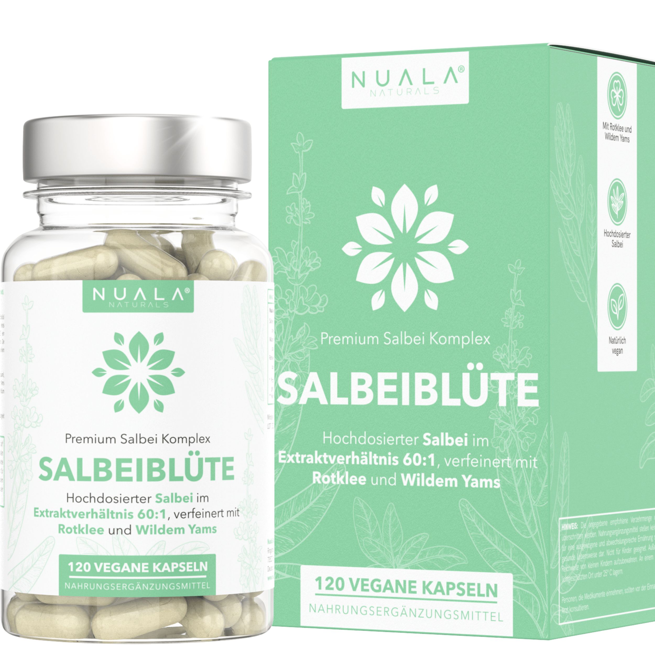 Nuala Naturals® - SALBEIBLÜTE Salbei Kapseln 60:1 mit Wildem Yams und Rotklee