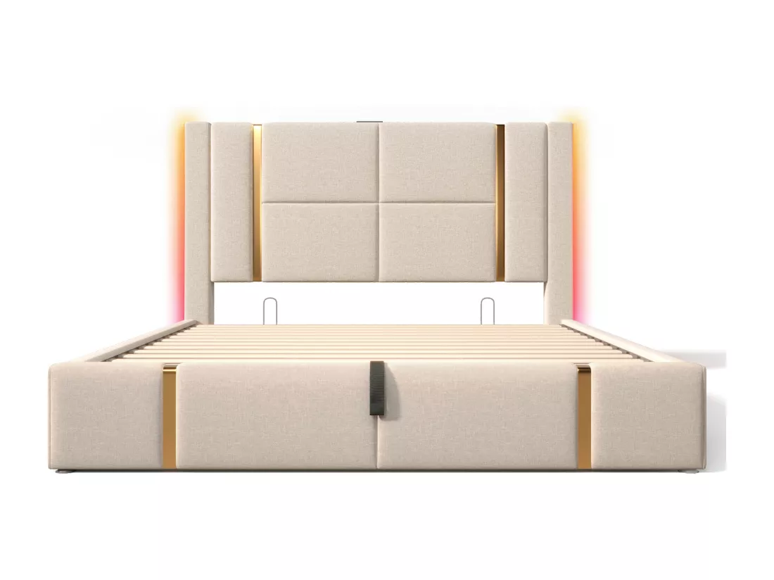 Lit coffre 140x200 cm rembourré en tissu de lin - avec LED et fonction de recharge - avec sommier à lattes - Beige