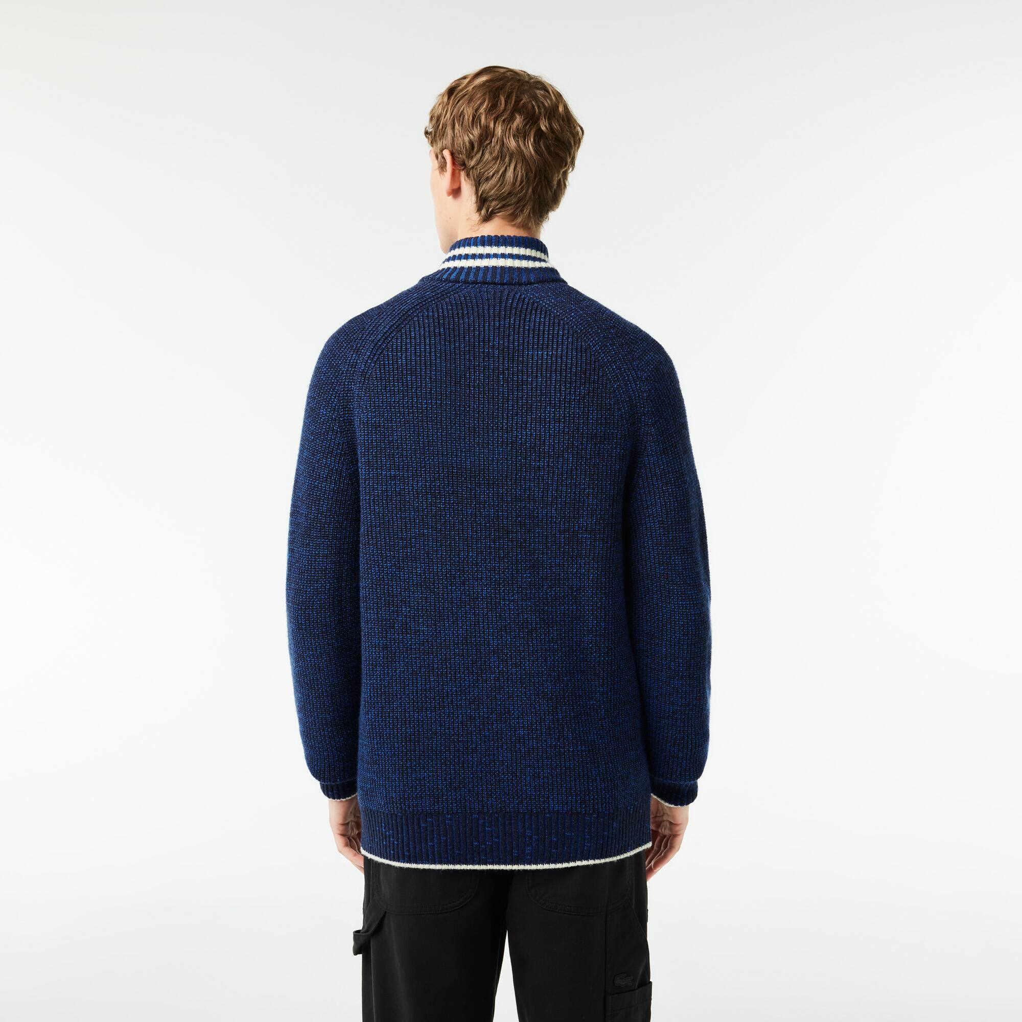 Pull col montant zippé en laine moulinée fabriqué en France Pullovers - Bleu - Lacoste - Homme