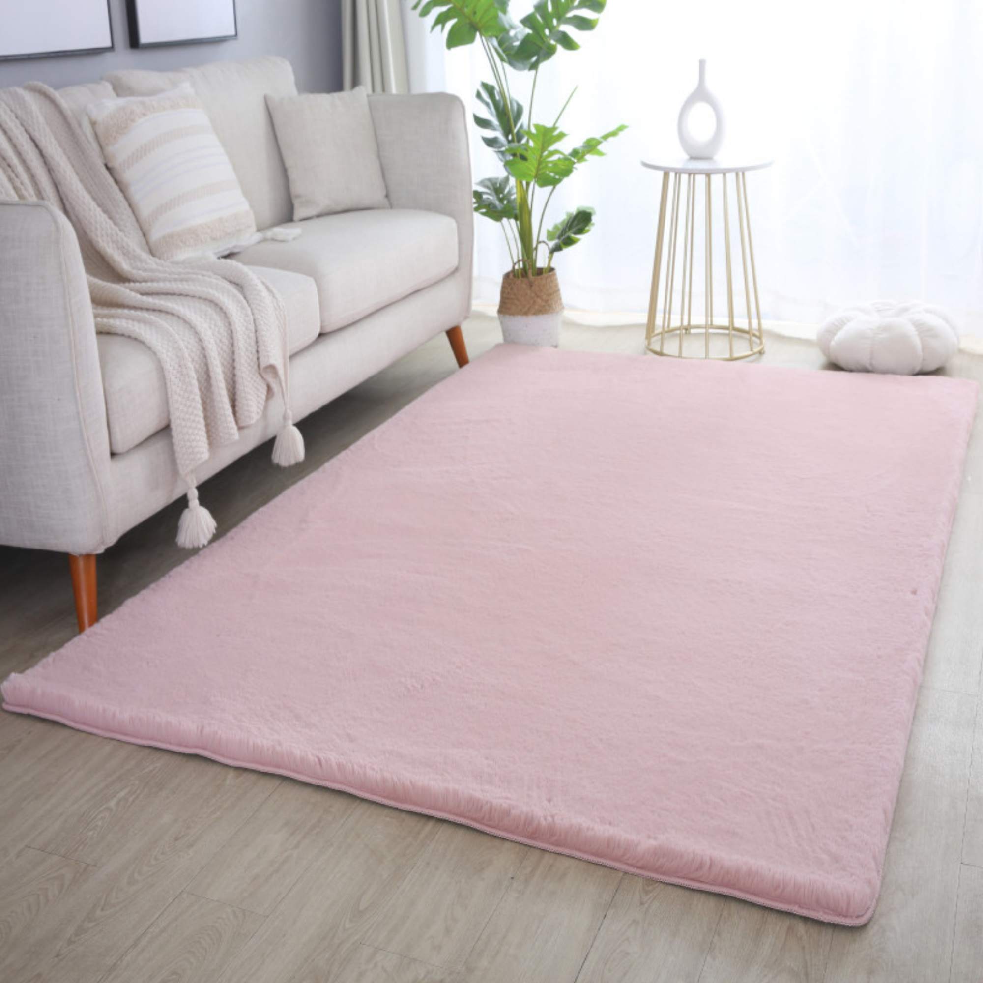 Weicher Hochflor Teppich Wohnzimmer Einfarbig, Felloptik, Flauschig, Rutschfest,