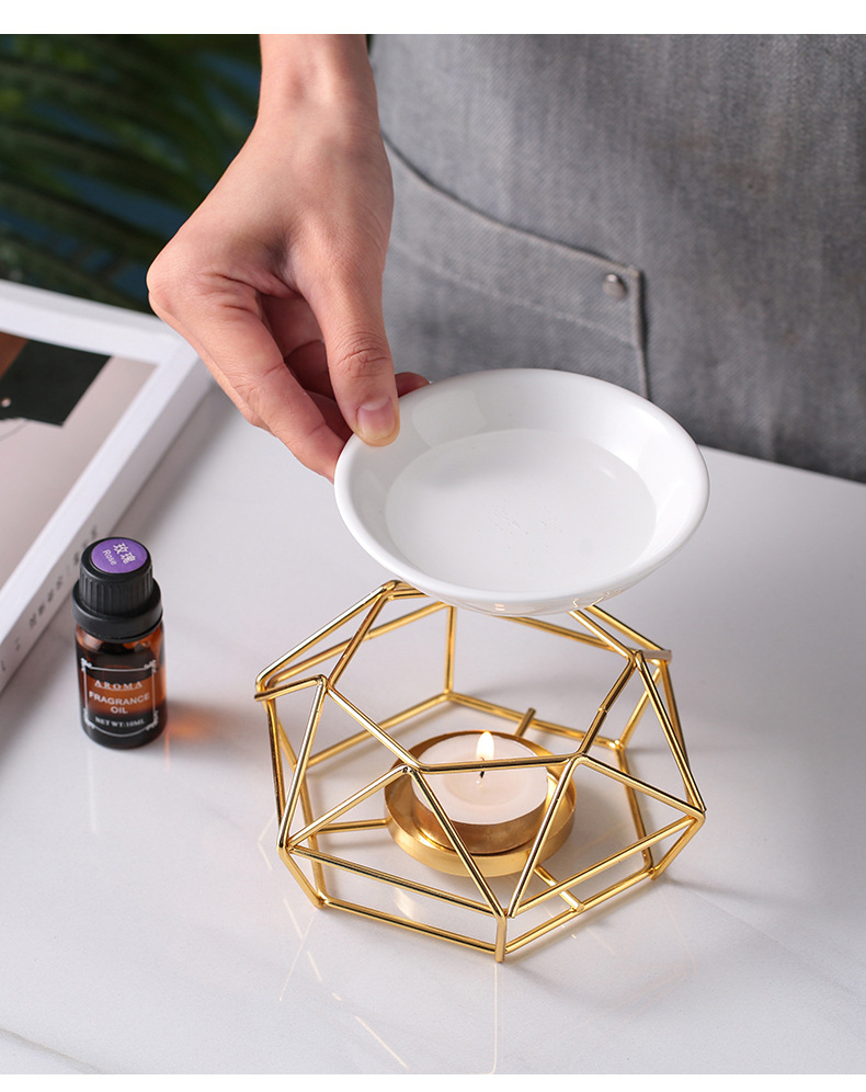 Keramik Aroma Duftlampe mit Edelstahl Teelicht Halterung - Gold / Weiss