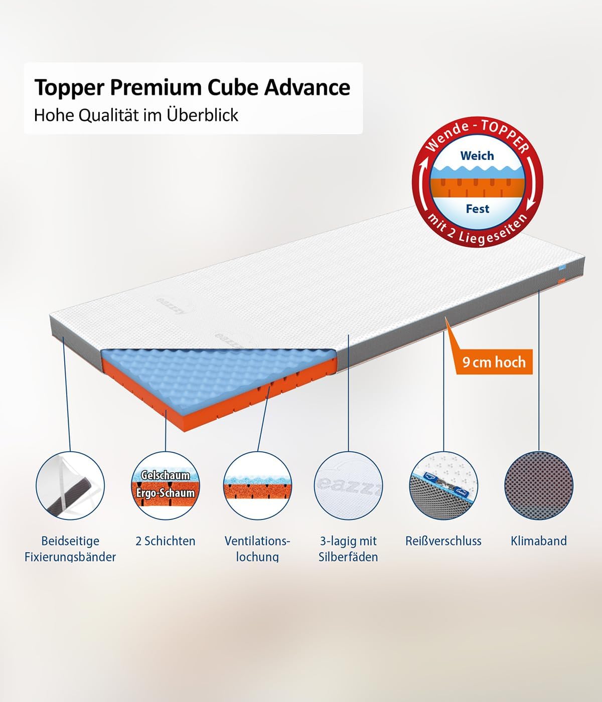 Genius eazzzy Topper Premium Cube Advance 9 cm Höhe, Matratzentopper, 2 in 1 Wende Topper mit Cooling Funktion, Memory Schaum, atimungsaktive Cover mit antibakterieller Wirkung Größe 180 x 200 x 9 cm