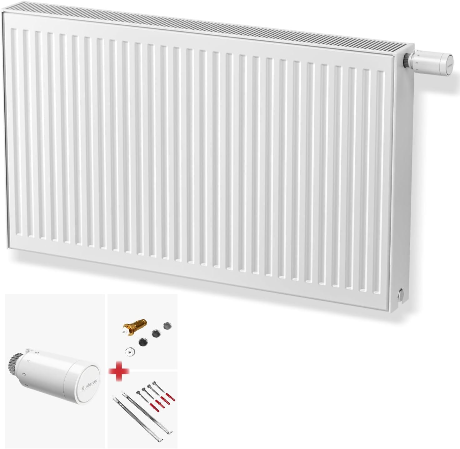 DESIGNO Universalheizkörper Kompakt & Ventilheizkörper Typ 22 -BH-600 x BL-1200 | inkl. Buderus Thermostatkopf - Ventil - Montagezubehör | Wärmeleistung 2.105 Watt