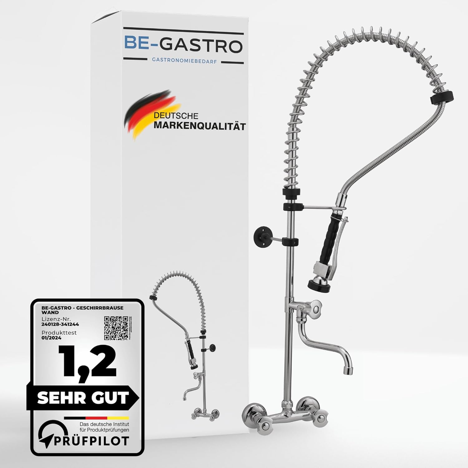I Profi Gastro Geschirrbrause Zweiloch 'Premium' Wandarmatur inkl. Wasserhahn, Mischbatterie & ergonomischem Drehgriff | Gastrobrause mit Zubehör, Gastronomie Armatur, Wandanschluss