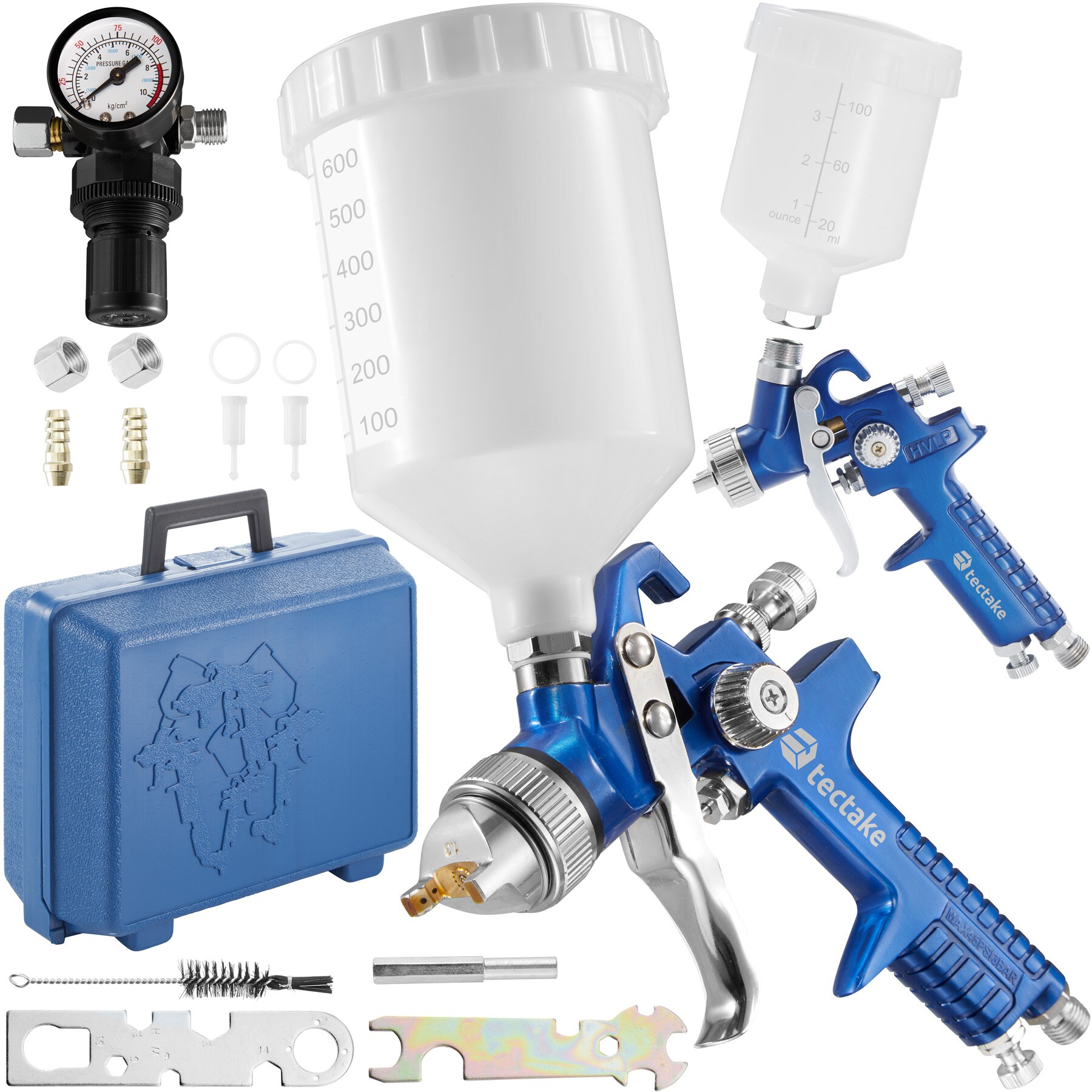 tectake® HVLP-Lackierpistolen-Set, 0,8 / 1,3 mm-Düse, korrosionsbeständig, inklusive Kunststoffkoffer