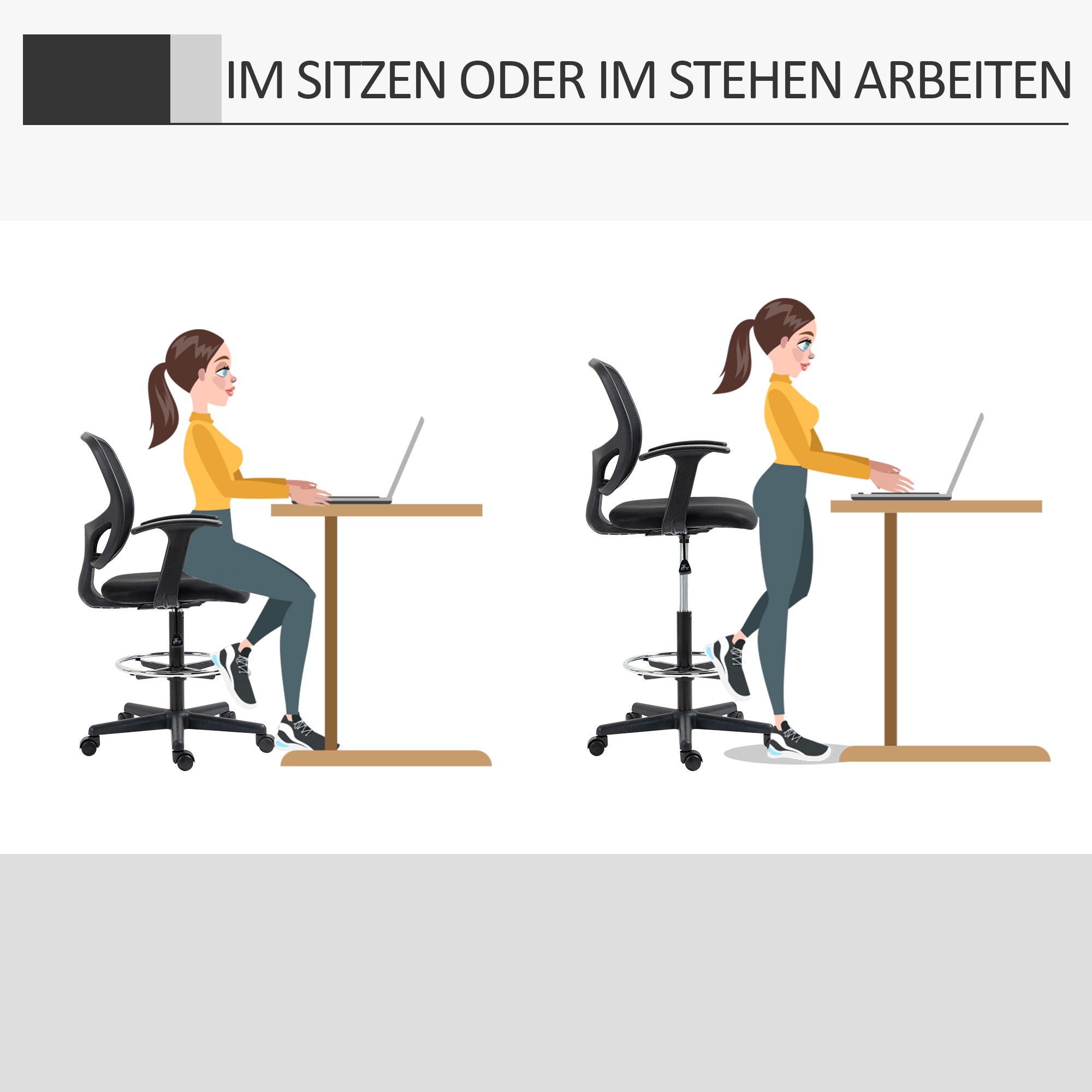 Vinsetto Bürostuhl mit Fußring schwarz 60L x 56B x 132H cm
