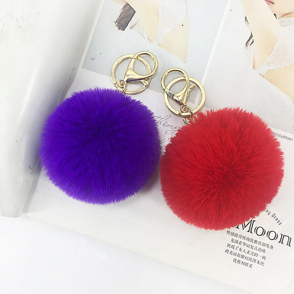 Pompom Schlüsselanhänger Handtaschen Accessoire mit Spaltring   Trigger Verschluss - Hellgrau / Gold