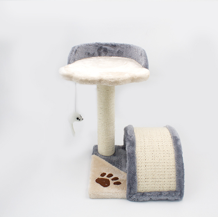 (42cm) Mini Katzen Baum Sisal Kratzsäule mit Tunnel / Plattform / Spiel Maus - Grau / Beige