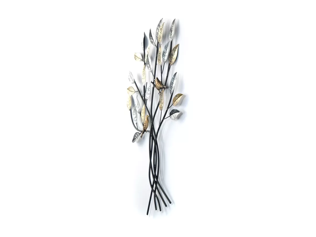 DÉCORATION MURALE Arbre avec des oiseaux 76x50 cm, métal argent-or